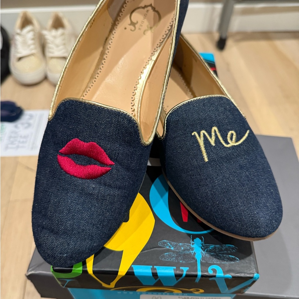 Women's Denim Loafers with Red Lips Embroidery